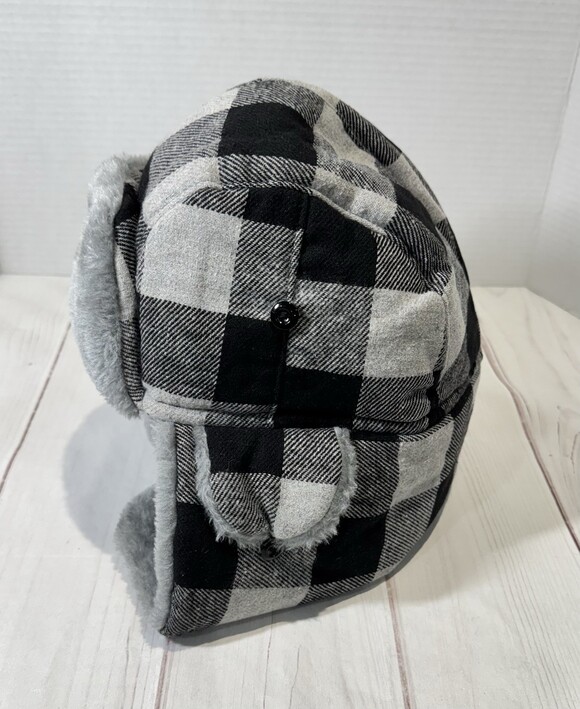 SA Company Trapper Hat Bomber Fleece Lined Buffalo Plaid Black Grey One Size - Picture 5 of 8